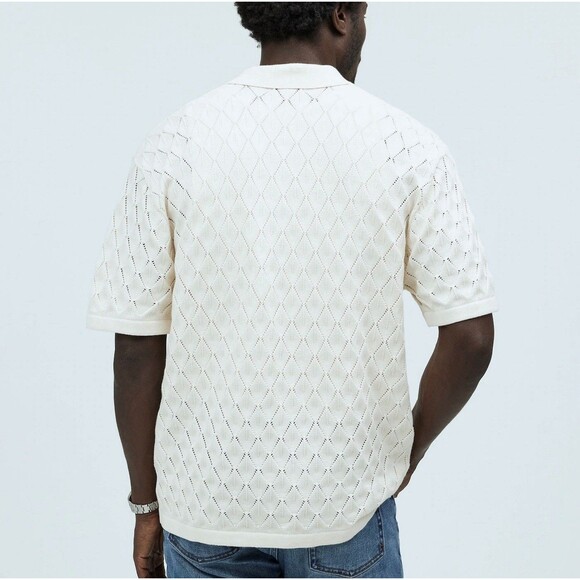 Madewell Men's Waffle-Knit Johnny-Collar Sweater Polo Cream Sz XL Ivory NEW - Picture 2 of 8